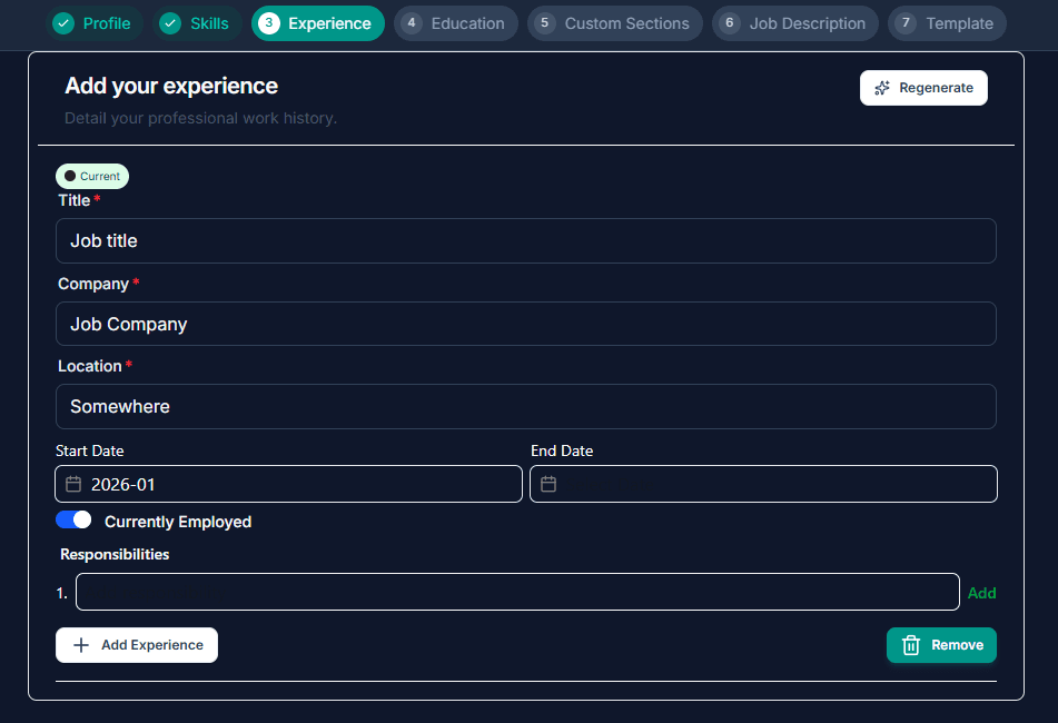 AI Resume Builder form interface extracting work experience