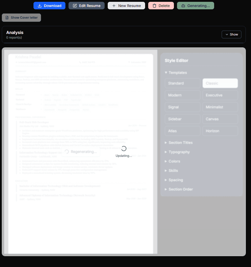 AI text generation magically rewriting resume bullet points