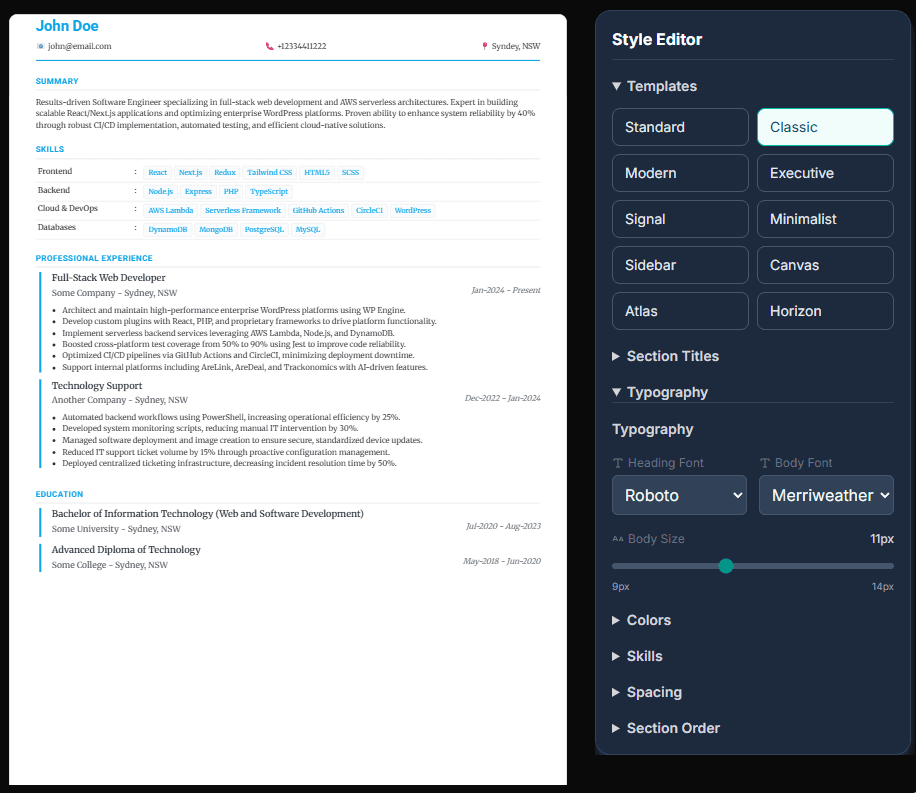 Resume PDF template export preview screen